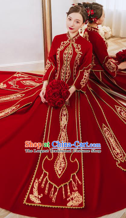 China Bride Toast Clothing Traditional Wedding Garment Costumes Classical Red Xiuhe Suits Embroidered Diamante Dress