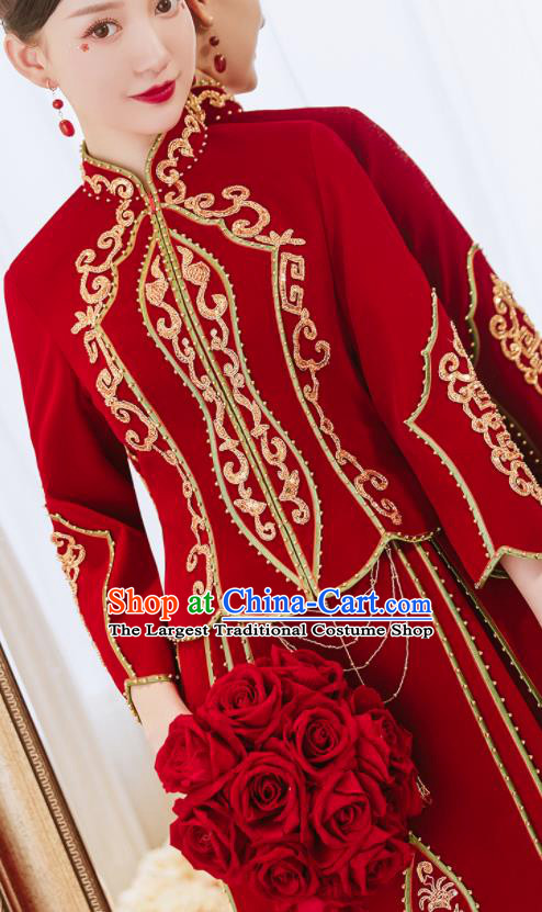 China Bride Toast Clothing Traditional Wedding Garment Costumes Classical Red Xiuhe Suits Embroidered Diamante Dress