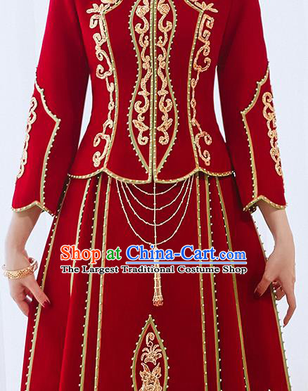 China Bride Toast Clothing Traditional Wedding Garment Costumes Classical Red Xiuhe Suits Embroidered Diamante Dress