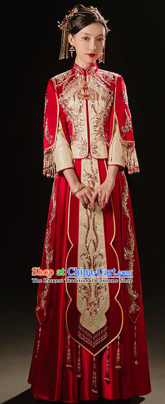 China Embroidered Diamante Dress Bride Toast Clothing Traditional Wedding Garment Costumes Classical Red Xiuhe Suits