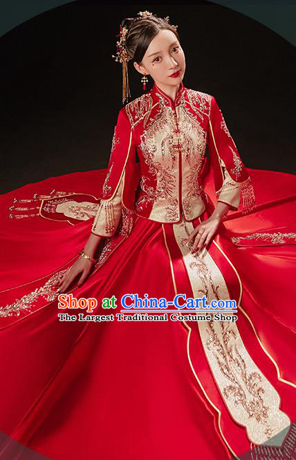 China Embroidered Diamante Dress Bride Toast Clothing Traditional Wedding Garment Costumes Classical Red Xiuhe Suits