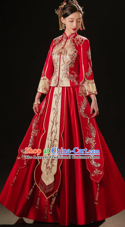 China Embroidered Diamante Dress Bride Toast Clothing Traditional Wedding Garment Costumes Classical Red Xiuhe Suits
