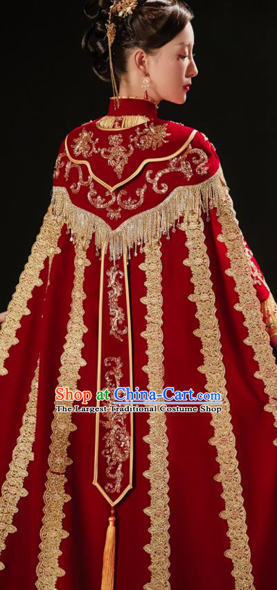 China Wedding Bride Trailing Cape Traditional Xiuhe Suit Red Long Cloak Bridal Dress Clothing
