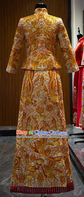 China Classical Golden Xiuhe Suits Embroidered Phoenix Dress Bride Toast Clothing Traditional Wedding Garment Costumes