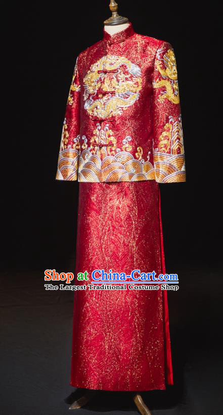 Chinese Tang Suit Embroidered Red Mandarin Jacket and Long Robe Ancient Bridegroom Clothing Traditional Wedding Male Xiuhe Uniforms