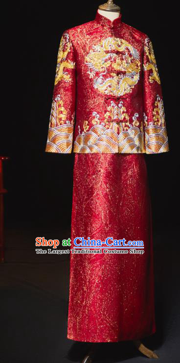 Chinese Tang Suit Embroidered Red Mandarin Jacket and Long Robe Ancient Bridegroom Clothing Traditional Wedding Male Xiuhe Uniforms