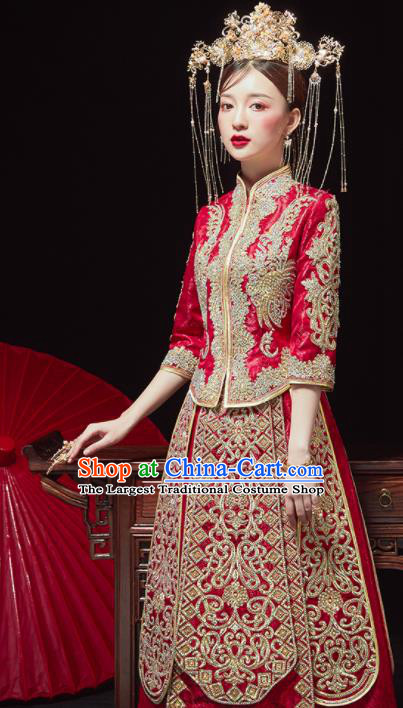 China Traditional Wedding Red Garment Costumes Classical Xiuhe Suits Embroidered Diamante Dress Bride Toast Clothing