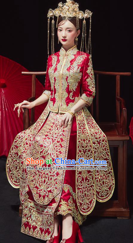 China Traditional Wedding Red Garment Costumes Classical Xiuhe Suits Embroidered Diamante Dress Bride Toast Clothing