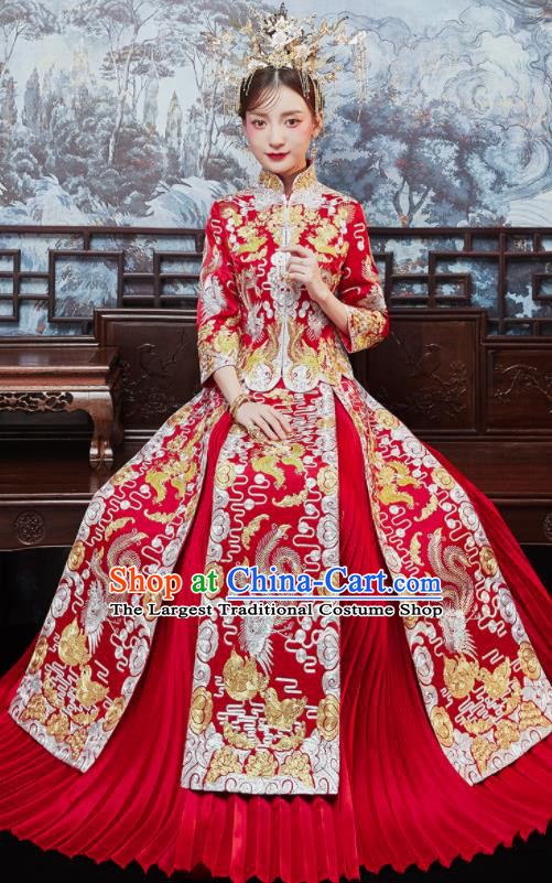 China Bride Toast Clothing Traditional Wedding Red Garment Costumes Classical Xiuhe Suits Embroidered Phoenix Dress