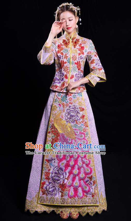 China Embroidered Peacock Dress Bride Toast Clothing Traditional Wedding Garment Costumes Classical Purple Xiuhe Suits