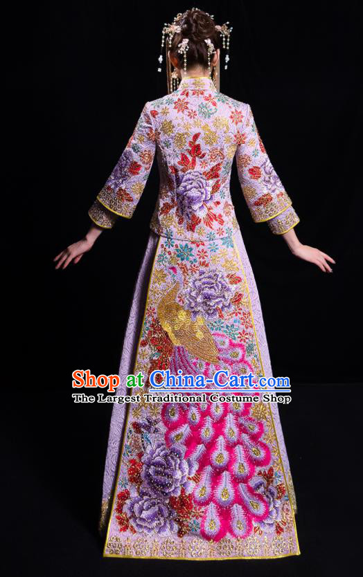 China Embroidered Peacock Dress Bride Toast Clothing Traditional Wedding Garment Costumes Classical Purple Xiuhe Suits