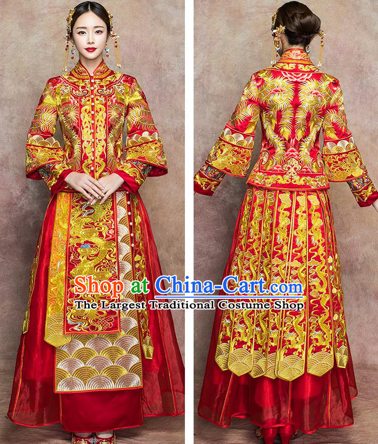 China Classical Red Xiuhe Suits Embroidered Dragon Phoenix Dress Bride Toast Clothing Traditional Wedding Garment Costumes