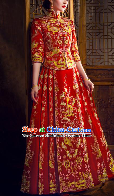 China Traditional Wedding Garment Costumes Classical Red Xiuhe Suits Embroidered Dragon Phoenix Dress Bride Toast Clothing