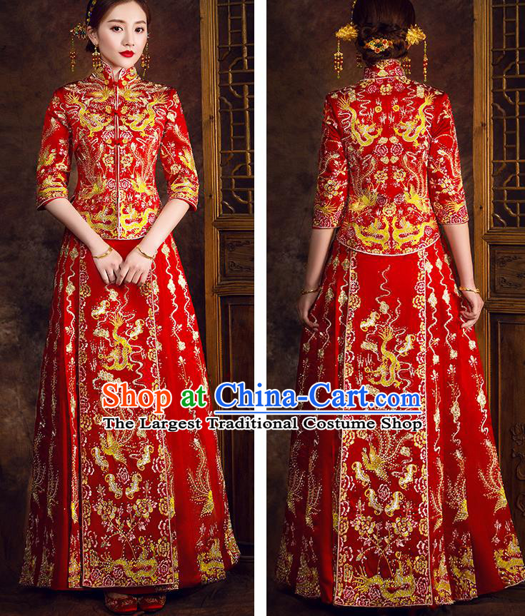 China Traditional Wedding Garment Costumes Classical Red Xiuhe Suits Embroidered Dragon Phoenix Dress Bride Toast Clothing