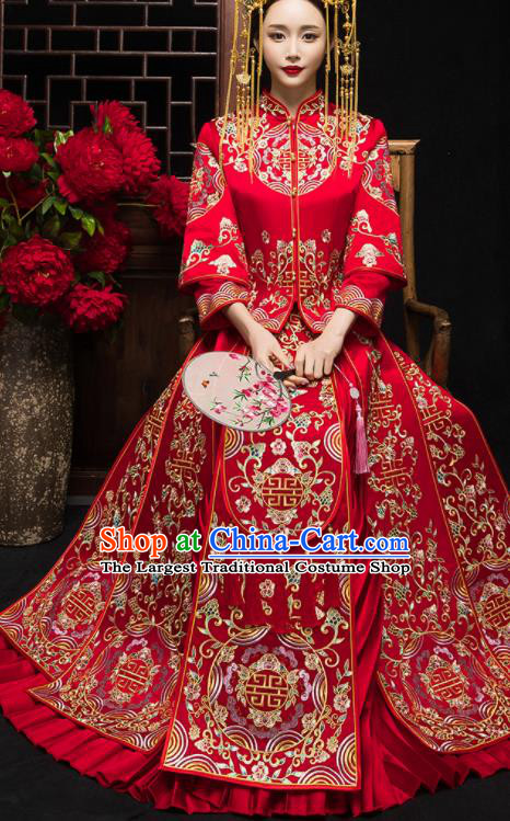 China Bride Embroidered Dress Traditional Toast Clothing Classical Wedding Garment Costumes Red Xiuhe Suits