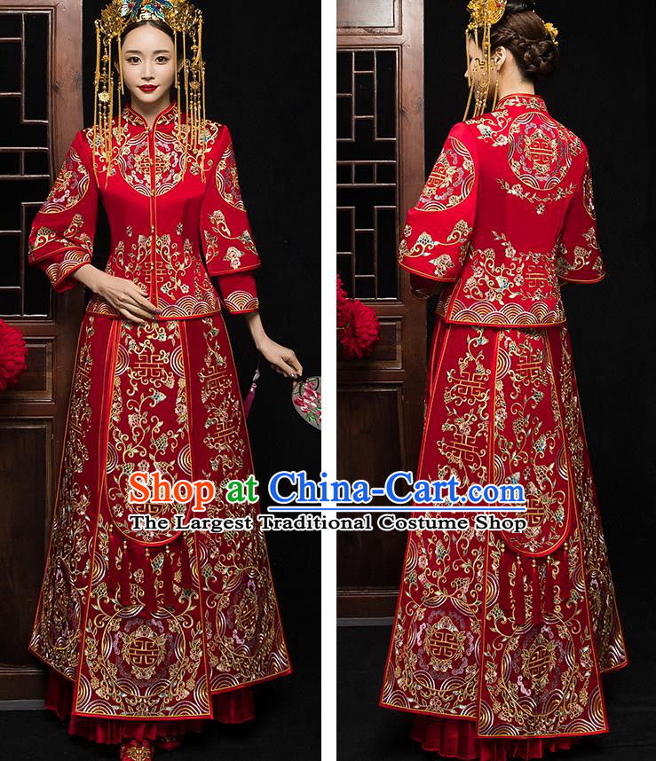 China Bride Embroidered Dress Traditional Toast Clothing Classical Wedding Garment Costumes Red Xiuhe Suits