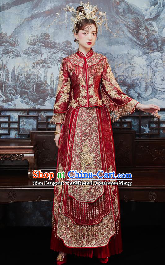 China Dark Red Xiuhe Suits Bride Embroidered Dress Traditional Toast Clothing Classical Wedding Garment Costumes