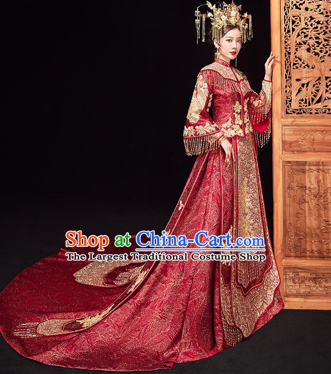 China Bride Embroidered Trailing Dress Traditional Toast Clothing Classical Wedding Garment Costumes Red Xiuhe Suits