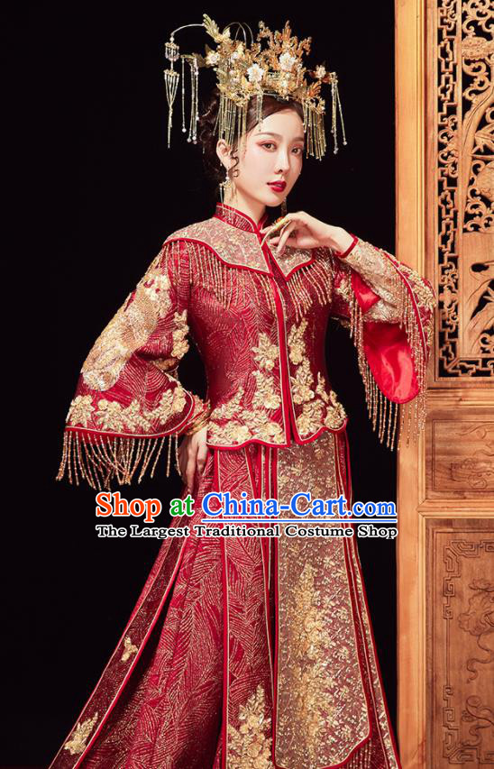 China Bride Embroidered Trailing Dress Traditional Toast Clothing Classical Wedding Garment Costumes Red Xiuhe Suits