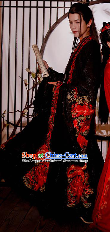 China Traditional Jin Dynasty Noble Prince Historical Clothing Ancient Scholar Embroidered Black Hanfu Garment Costumes for Men