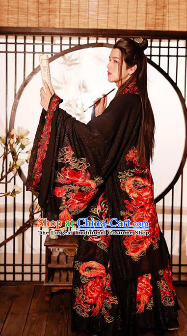 China Traditional Jin Dynasty Noble Prince Historical Clothing Ancient Scholar Embroidered Black Hanfu Garment Costumes for Men