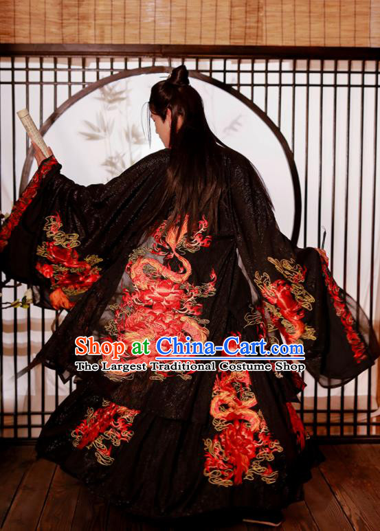 China Traditional Jin Dynasty Noble Prince Historical Clothing Ancient Scholar Embroidered Black Hanfu Garment Costumes for Men