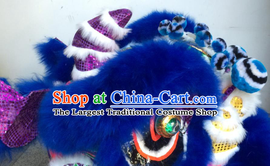 China Handmade Royalblue Fur Lion Head Southern Lion Dance Competition Costumes Spring Festival Lion Dancing Performance Uniforms