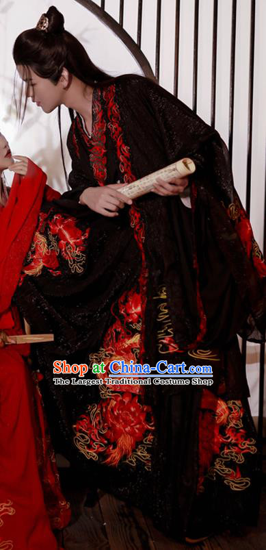 China Traditional Jin Dynasty Noble Prince Historical Clothing Ancient Scholar Embroidered Black Hanfu Garment Costumes for Men