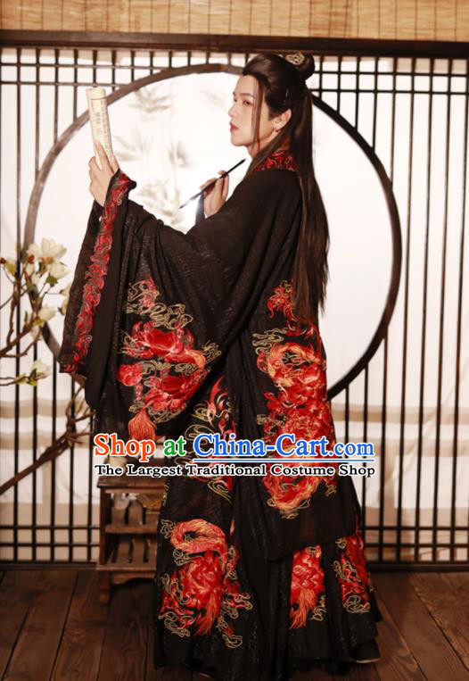 China Traditional Jin Dynasty Noble Prince Historical Clothing Ancient Scholar Embroidered Black Hanfu Garment Costumes for Men