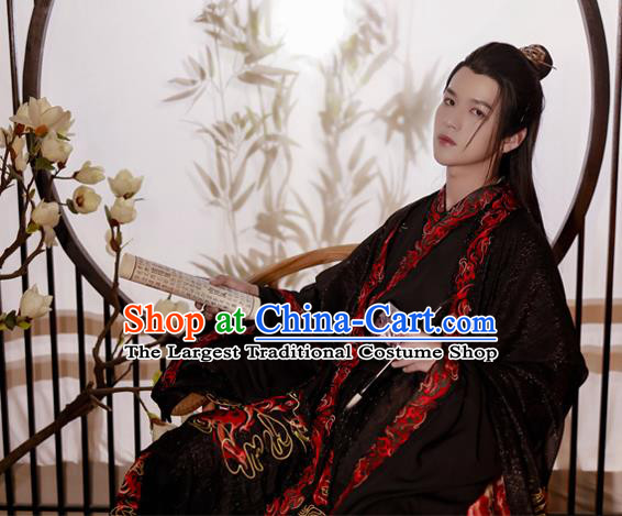 China Traditional Jin Dynasty Noble Prince Historical Clothing Ancient Scholar Embroidered Black Hanfu Garment Costumes for Men