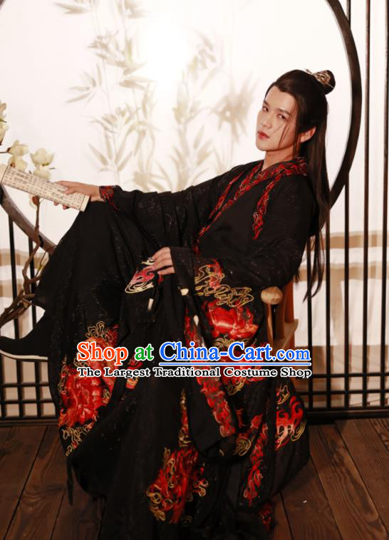 China Traditional Jin Dynasty Noble Prince Historical Clothing Ancient Scholar Embroidered Black Hanfu Garment Costumes for Men