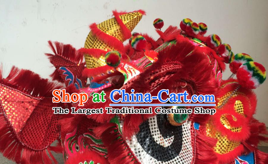 China Southern Lion Dance Competition Costumes Spring Festival Lion Dancing Performance Uniforms Handmade Red Fur Lion Head