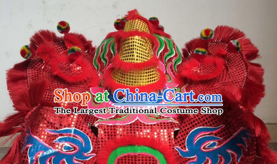 China Southern Lion Dance Competition Costumes Spring Festival Lion Dancing Performance Uniforms Handmade Red Fur Lion Head