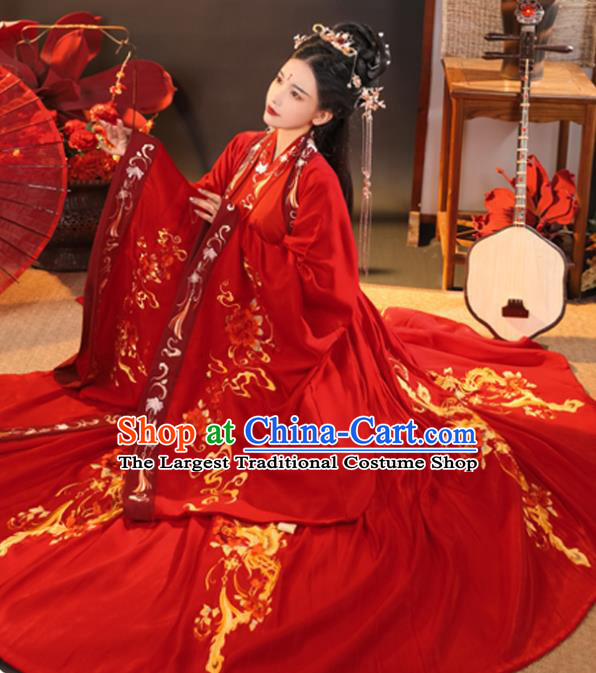 China Traditional Wedding Hanfu Garments Ancient Princess Embroidered Red Dress Jin Dynasty Bride Historical Clothing Complete Set