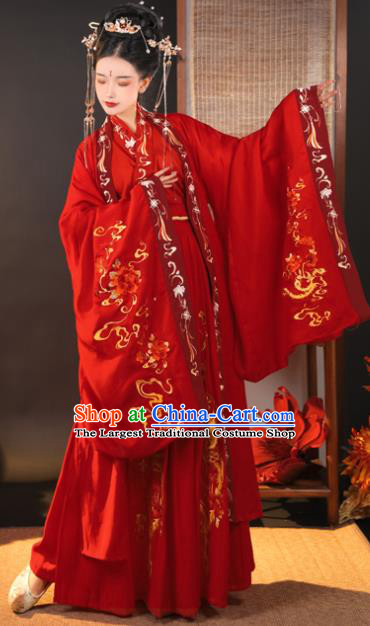 China Traditional Wedding Hanfu Garments Ancient Princess Embroidered Red Dress Jin Dynasty Bride Historical Clothing Complete Set