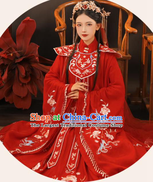 China Ming Dynasty Princess Historical Clothing Traditional Wedding Hanfu Garments Ancient Bride Embroidered Red Dress
