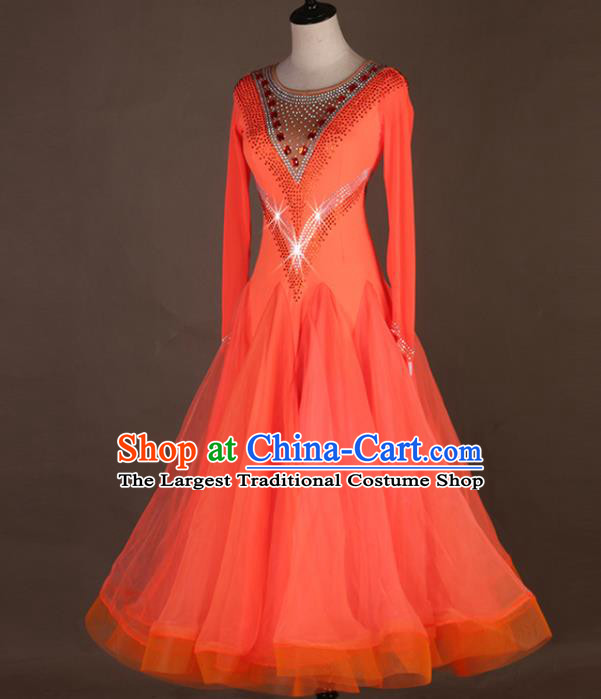 Professional Waltz Dance Competition Costume International Dancing Clothing Modern Dance Fashion Women Ballroom Dance Orange Dress