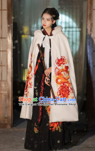 China Ancient Swordswoman Embroidered White Cloak Ming Dynasty Princess Historical Clothing Traditional Winter Hanfu Cape