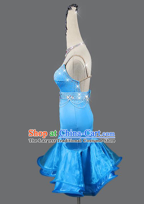 Professional Latin Dance Blue Dress Women Rumba Dance Competition Costume Cha Cha Dancing Fashion Clothing