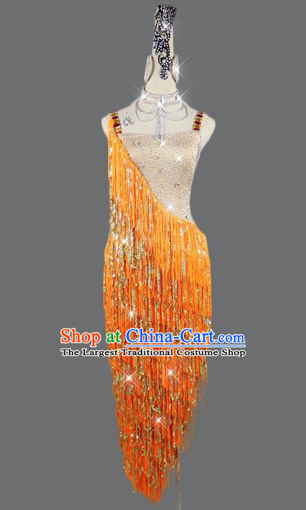 Professional Dancing Garment Latin Dance Competition Orange Tassel Dress Women Rumba Dance Costume Cha Cha Clothing