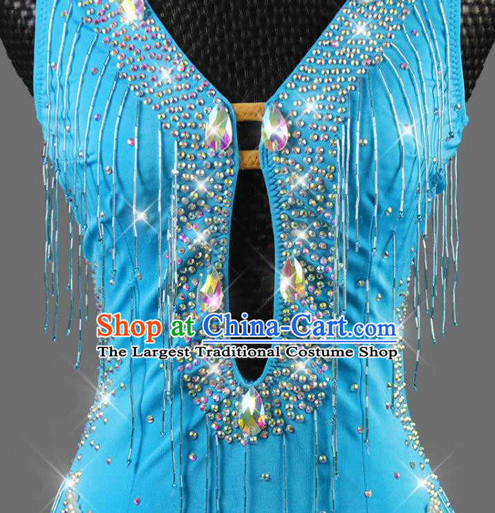 Professional Women Dancing Competition Fashion Latin Dance Clothing Rumba Dance Sexy Blue Dress Cha Cha Costume