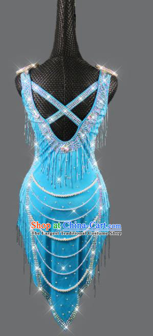 Professional Women Dancing Competition Fashion Latin Dance Clothing Rumba Dance Sexy Blue Dress Cha Cha Costume