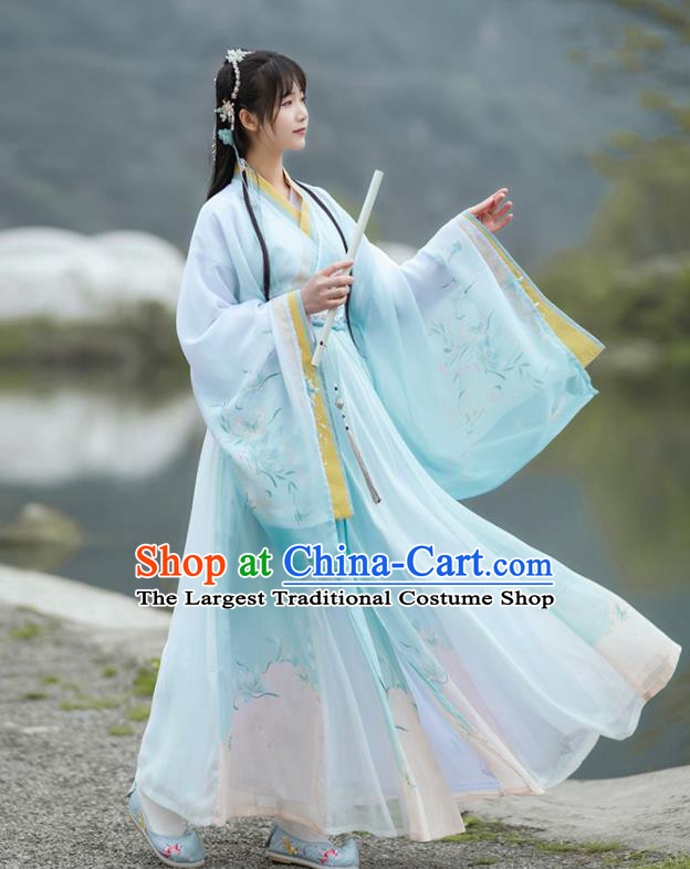 China Jin Dynasty Young Beauty Clothing Ancient Goddess Blue Hanfu Dress Traditional Royal Woman Historical Garments