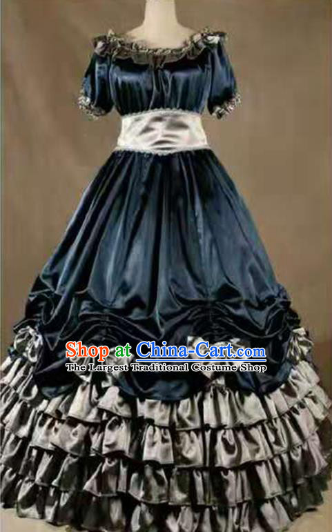 Top European Middle Ages Garment Clothing Gothic Princess Navy Dress Western Court Formal Costume Halloween Performance Full Dress