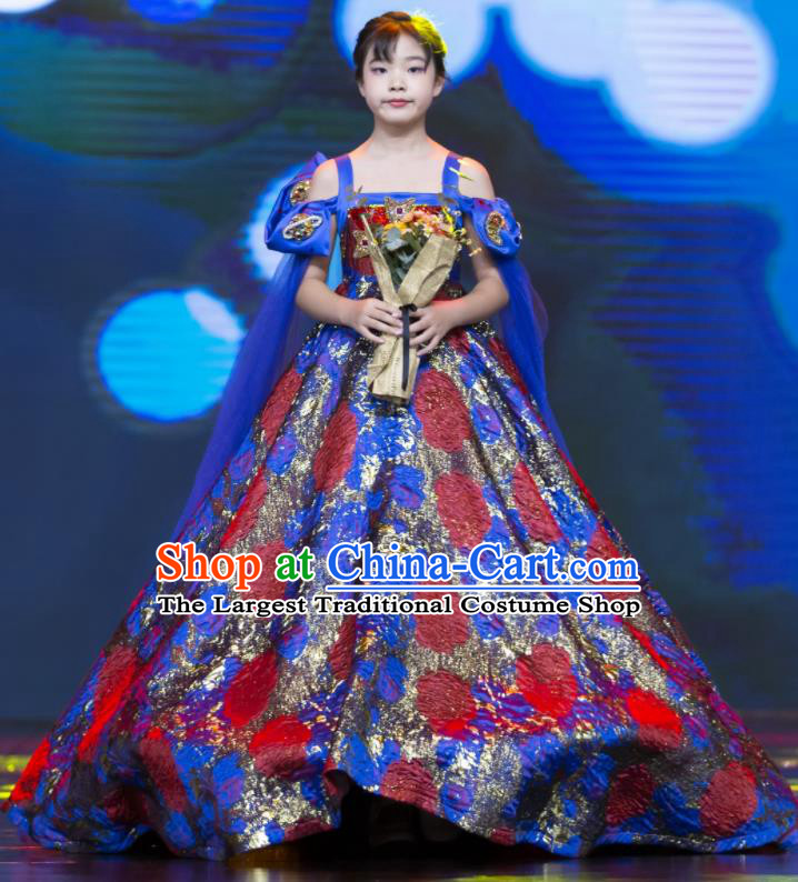 High Compere Garment Costume Kid Baroque Full Dress Children Catwalks Blue Trailing Dress Girl Stage Show Clothing