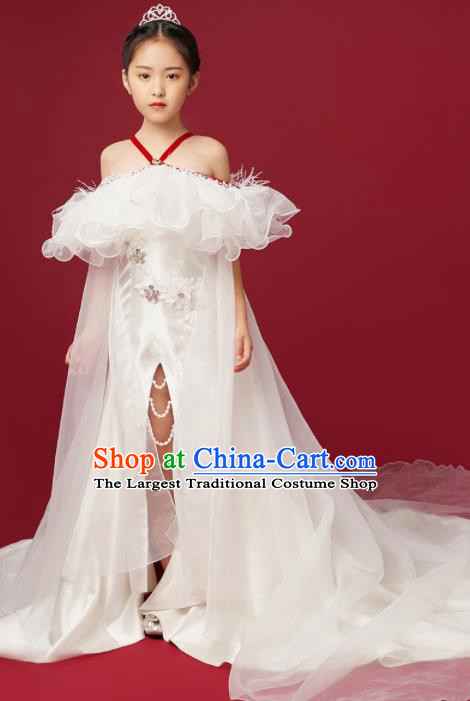 High Quality Piano Performance Clothing Stage Show Full Dress Girl Catwalks Fashion Children White Trailing Dress