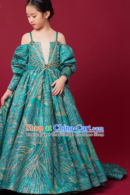 High Quality Stage Show Green Full Dress Girl Catwalks Fashion Children Performance Dress Chorus Clothing