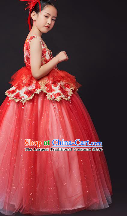 Custom Children Dancewear Chorus Compere Clothing Stage Show Fashion Dress Girl Catwalks Red Full Dress