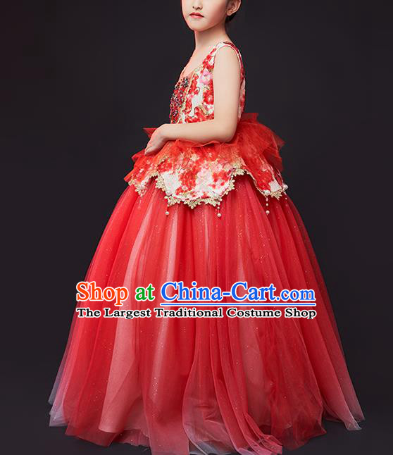 Custom Children Dancewear Chorus Compere Clothing Stage Show Fashion Dress Girl Catwalks Red Full Dress