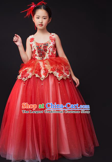 Custom Children Dancewear Chorus Compere Clothing Stage Show Fashion Dress Girl Catwalks Red Full Dress